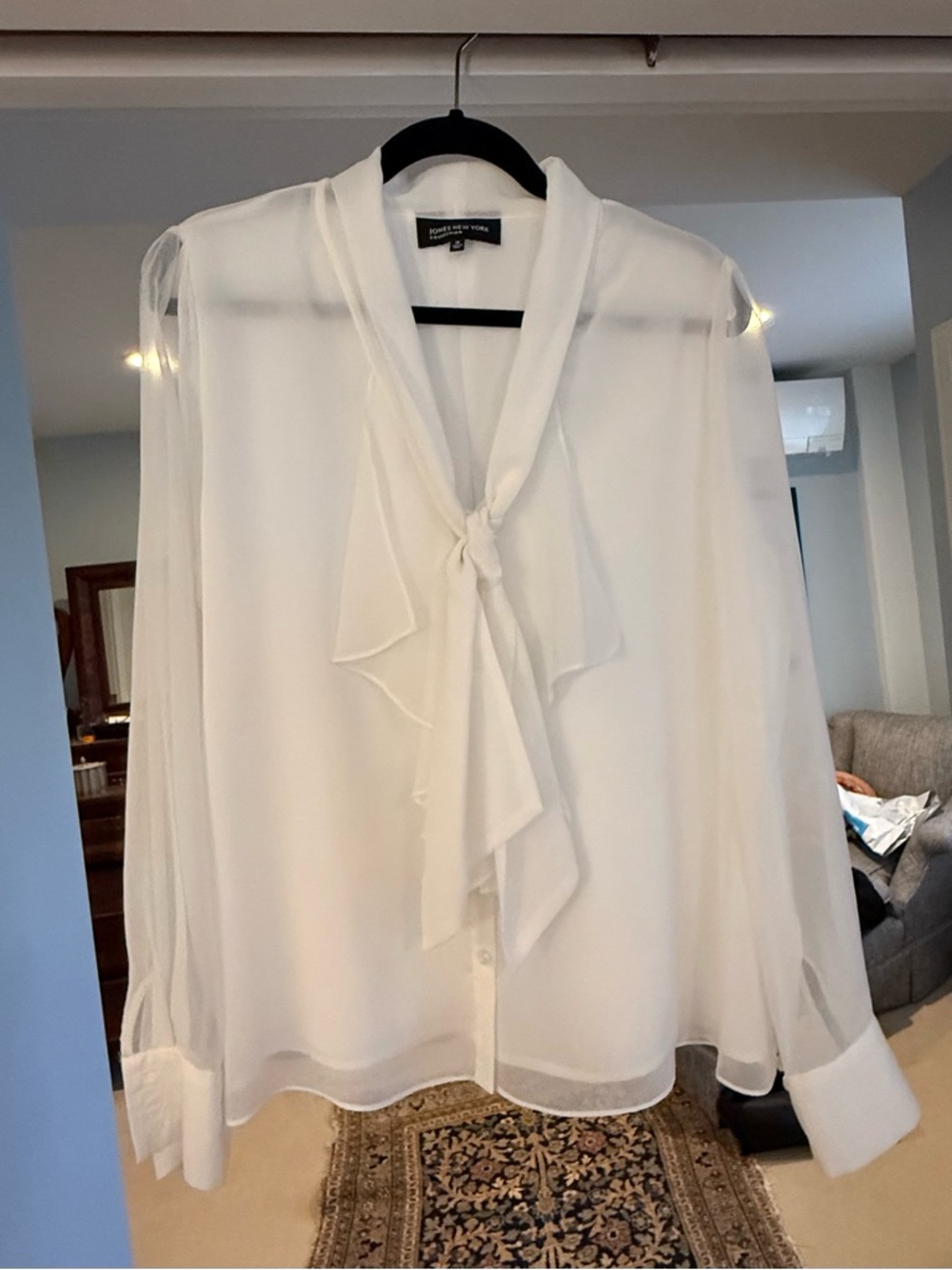 Jones New York White Sheer Tie-Neck Blouse